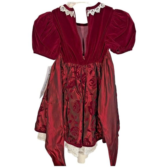 New Bonnie Jean Girls Velvet Dress Burgundy Taffeta Size 5 Lace Bow Holiday VTG - Picture 4 of 10